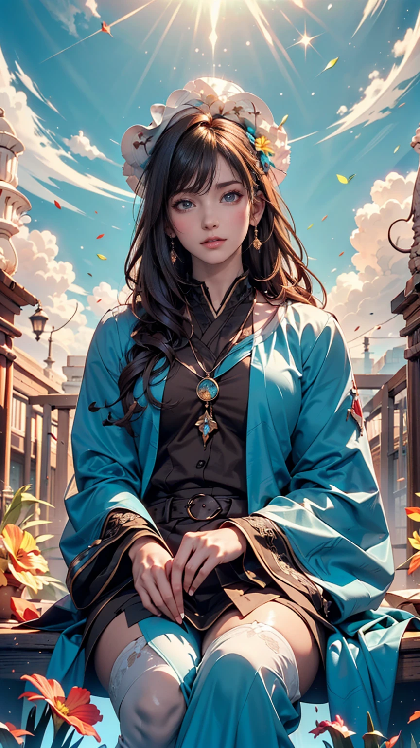 (Highest quality, masterpiece), Turquoise Screen Filter, (One person, alone, Brown robes, expression, look up, Sitting, Wide sleeves, Iris, Mouth closed, Long Hair, Cowboy Shot), (sunny, Cosmos field, cloud),