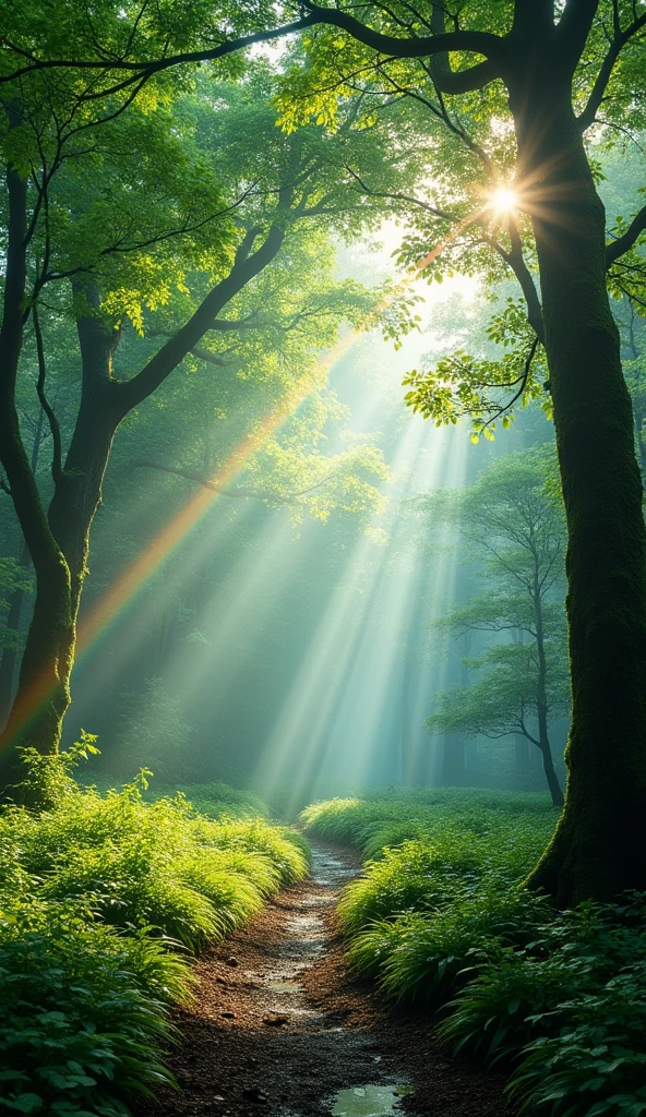 A wide-angle view of a forest after a rain shower, with a vibrant rainbow arching across the sky. The lush, green trees are still wet from the recent rain, their leaves glistening in the soft sunlight. The rainbow spans the entire scene, from one end of the forest to the other, creating a stunning contrast against the dark, damp foliage. The scene captures the serene beauty of the forest, with mist rising from the ground and the air filled with the fresh scent of rain.
