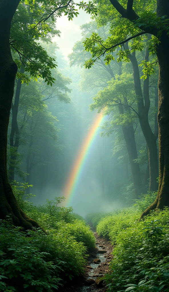 A wide-angle view of a forest after a rain shower, with a vibrant rainbow arching across the sky. The lush, green trees are still wet from the recent rain, their leaves glistening in the soft sunlight. The rainbow spans the entire scene, from one end of the forest to the other, creating a stunning contrast against the dark, damp foliage. The scene captures the serene beauty of the forest, with mist rising from the ground and the air filled with the fresh scent of rain.