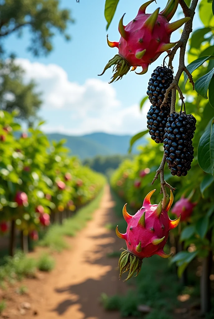 Dragon fruit and mulberry fruit photo background landscape size