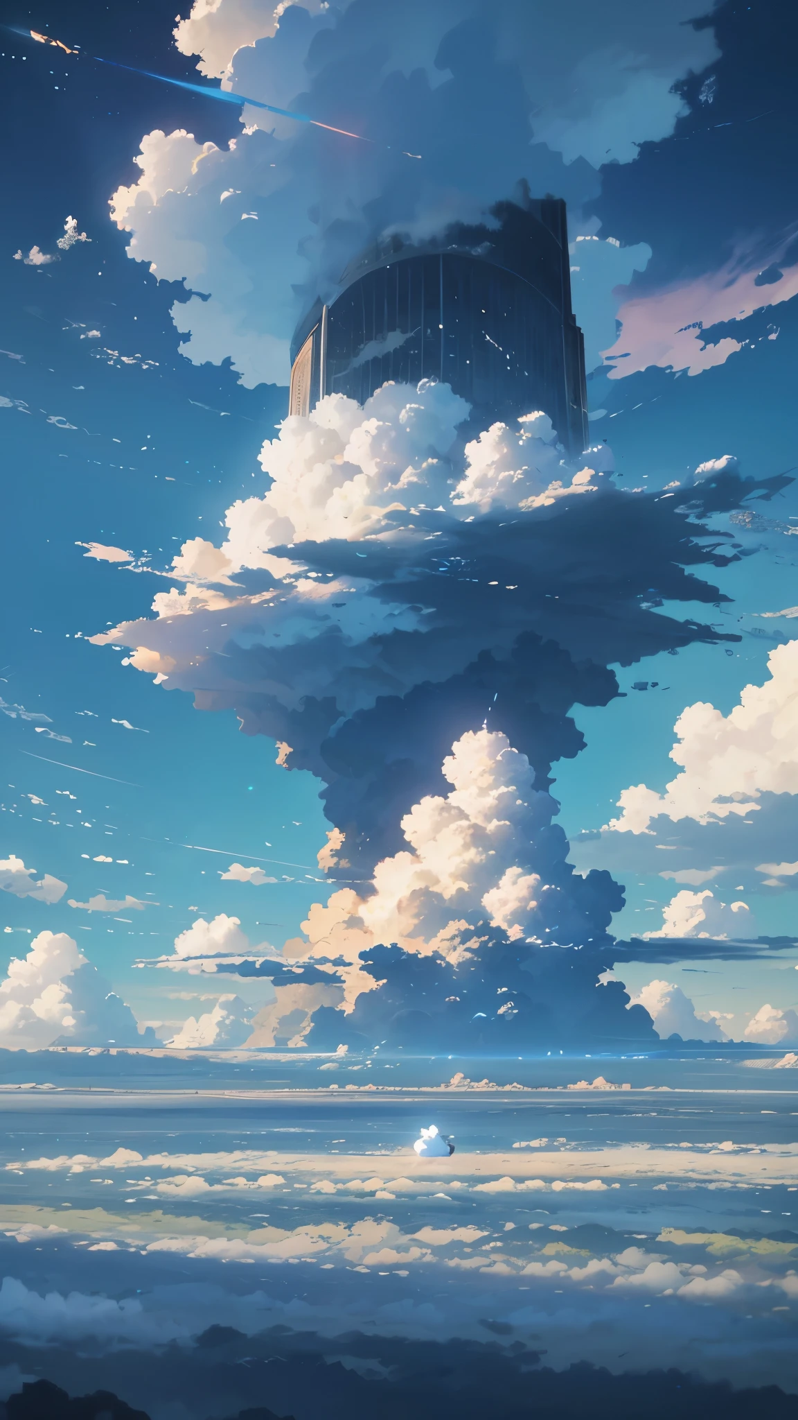 An aerial view above the clouds, featuring large cumulonimbus clouds rising majestically into the sky. The scene is tranquil, with a teenage girl standing on a small cloud island, gazing at the vast and detailed clouds around her. The focus is on the scale and texture of the cumulonimbus clouds, without any sunlight or light effects, creating a peaceful and introspective atmosphere.