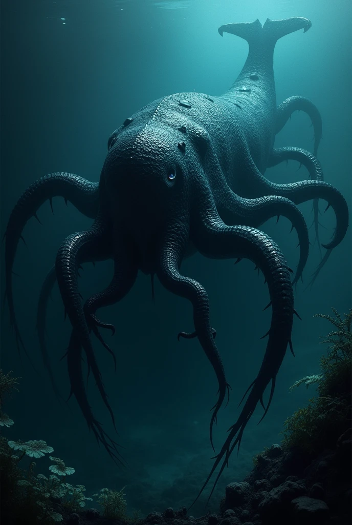 can u create an image of a creature. Description it looks like a wale with a sharp 8 tentacle which sucks blood , its black colour