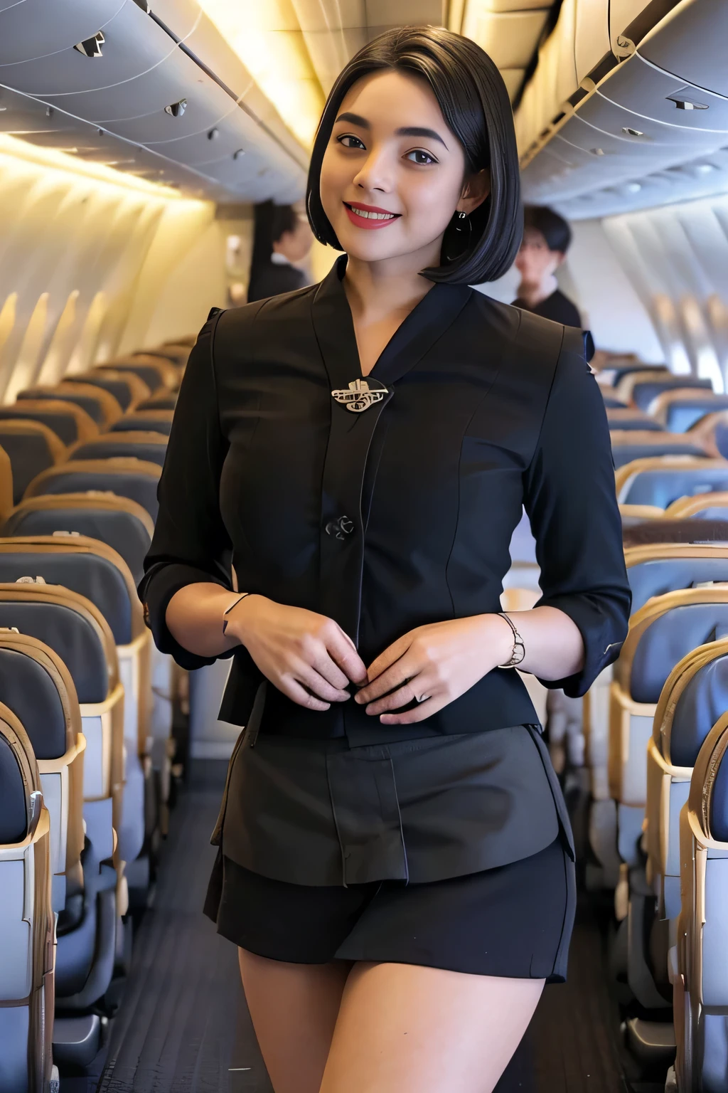 1beautiful womanl, 28years、hyperdetailed face、Detailed lips、A detailed eye、double eyelid、(Black bob hair、Smiling while walking gracefully down the aisle)、(Stewardess uniform)、((mini skirt:1.5)) (Glamorous body)、(Colossal tits)、(large full breasts)(big butts)(Plump body)(plump body shape)( large full breasts)(Colossal tits)((J-Cup))、highs thighs thighs thighs, Perfect fit, Perfect image realism, Background with: (Business Class aisle on airplanes:1.2), Cowboy Shot, Meticulous background, detailed costume, Perfect litthing、Hyper-Realism、(Photorealsitic:1.4)、8K maximum resolution, (masterpiece), ighly detailed, Professional