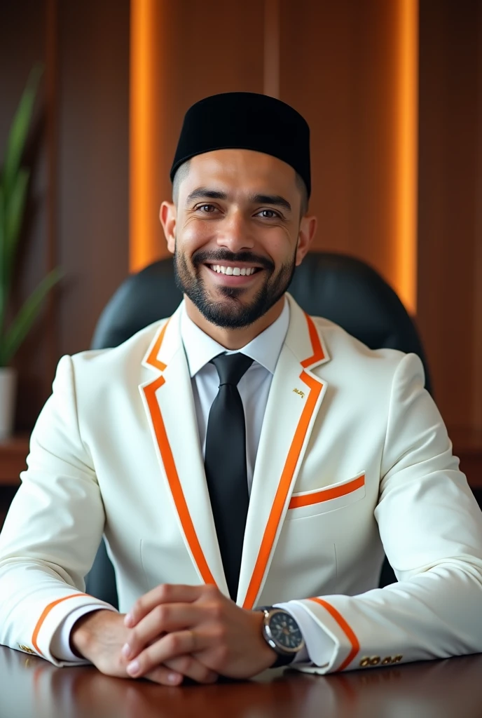 {Subject:} Highly realistic and high resolution portrait of a charismatic and super handsome politician, sitting confidently at his office desk in a narrative position. The Muslim politician wore a black cap on his head. The politician has a strong, chiseled jaw, piercing blue eyes. His broad shoulders stand out under a white suit with orange stripes, giving him a powerful yet approachable impression. He wore a neat shirt and stylish tie that complemented his well-built physique. His posture is relaxed but dignified, with one hand resting on the table. His expression is confident and warm, with a hint of a reassuring smile that conveys confidence and professionalism.