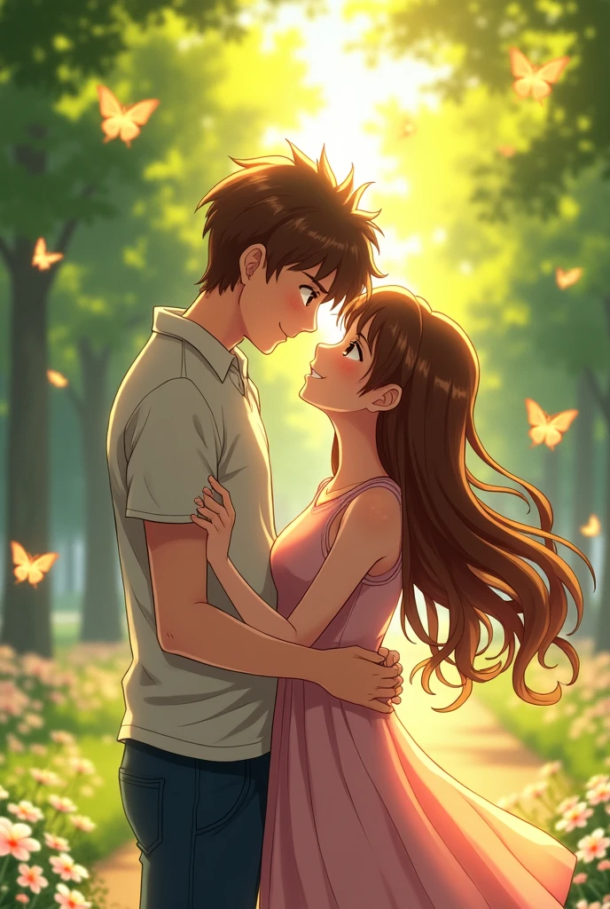 Make a man with long long brown hair hugging his cute girlfriend with long brown hair , make it in anime style man with long hair
