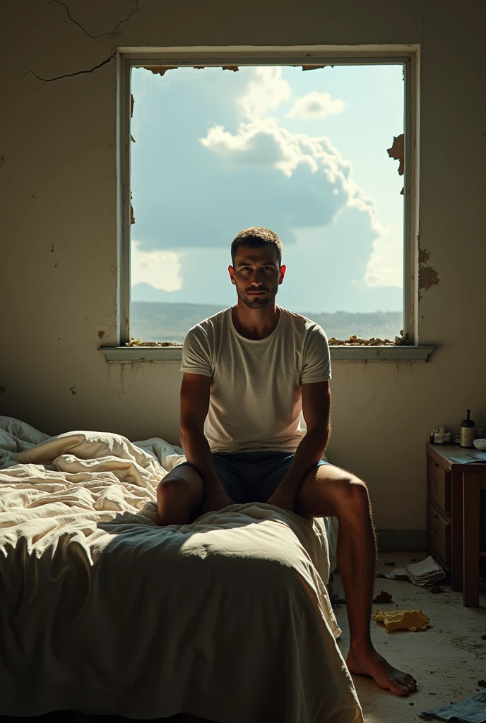 American man , look at viewer, short hair, white shirt, and shorts , cloud, day, sky, indoor post-apocalypse, bedroom , sitting on bed don't change face