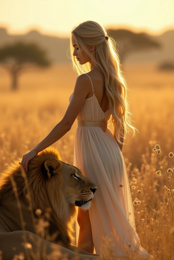 A unclothes beautiful girl touching a lion 