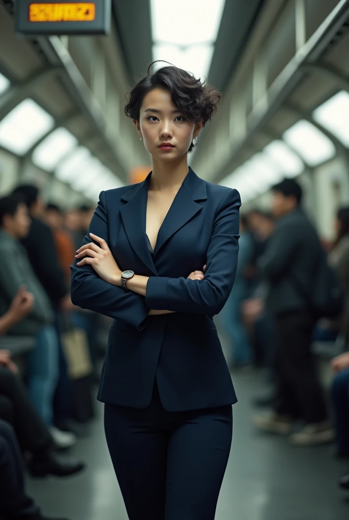 26 year old beautiful busty asian woman,Highest vulgarity image quality、realistic、16K、vulgarity face、cute、short curly hair、muscular,Standing、OL in the subway、navy suit、whole body、Annoyed、panoramic、show me your long legs、Photographed quite far away、whole body姿、arms folded、Full body、
