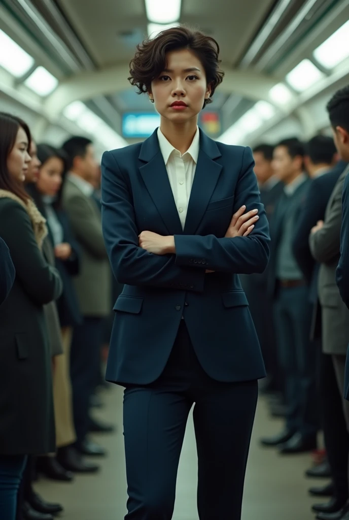 26 year old beautiful busty asian woman,Highest vulgarity image quality、realistic、16K、vulgarity face、cute、short curly hair、muscular,Standing、OL in the subway、navy suit、whole body、Annoyed、panoramic、show me your long legs、Photographed quite far away、whole body姿、arms folded、Full body、