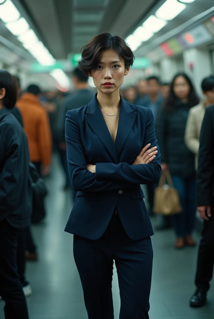 26 year old beautiful busty asian woman,Highest vulgarity image quality、realistic、16K、vulgarity face、cute、short curly hair、muscular,Standing、OL in the subway、navy suit、whole body、Annoyed、panoramic、show me your long legs、Photographed quite far away、whole body姿、arms folded、Full body、