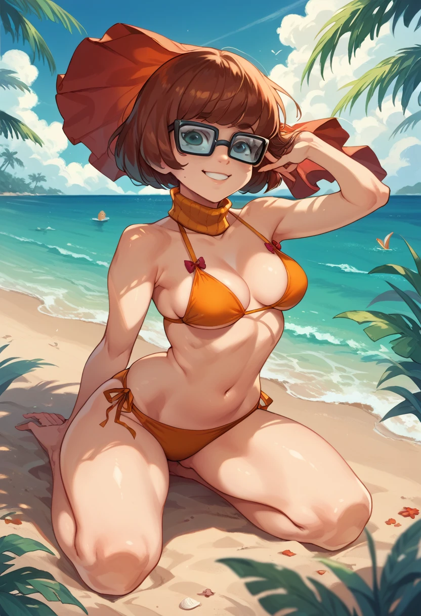 Velma in a bikini, smiling, sexy, full body on a deserted beach.