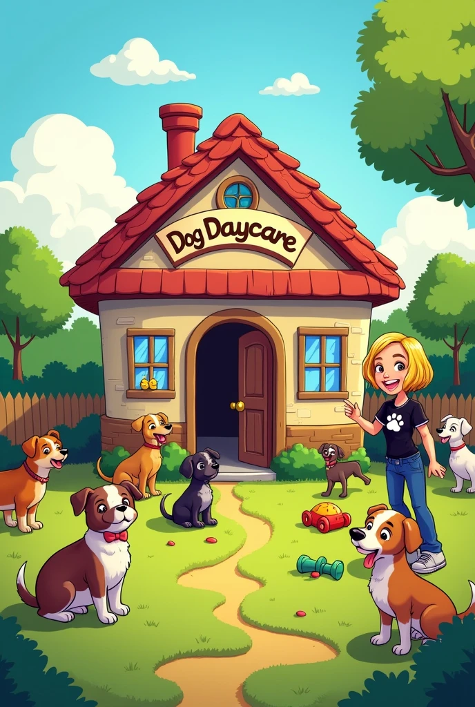Comic stil, house, Sign on the "dog daycare" stands, many, various, happy dogs, dog toys, Cheerful, warm, Attractive, garden, grass, Green, friendly caregiver, blond, short hairs, black t-shirt with white dog paw,