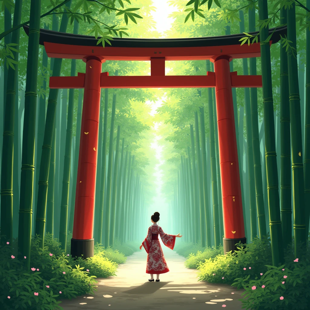 bamboo forest、torii、A person beckoning