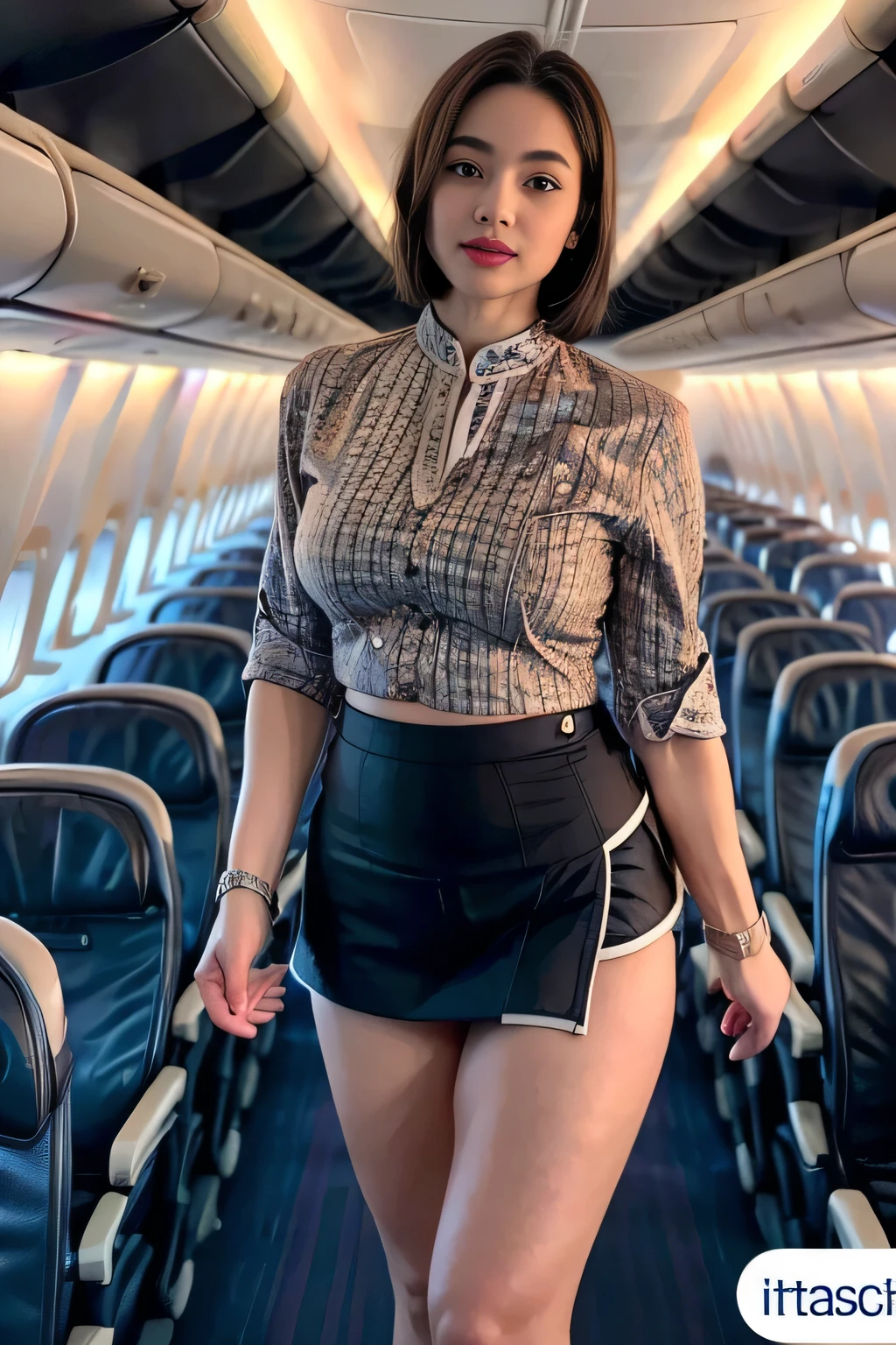 1beautiful womanl, 28years、hyperdetailed face、Detailed lips、A detailed eye、double eyelid、(Black bob hair、Smiling while walking gracefully down the aisle)、(Stewardess uniform:1.2)、((mini skirt:1.5)) (Glamorous body)、(Colossal tits)、（large full breasts）（big butts）（Plump body）（plump body shape）（ large full breasts）（Colossal tits）((J-Cup))、highs thighs thighs thighs, Perfect fit, Perfect image realism, Background with: (Business Class aisle on airplanes:1.2), Cowboy Shot, Meticulous background, detailed costume, Perfect litthing、Hyper-Realism、(Photorealsitic:1.4)、8K maximum resolution, (​masterpiece), ighly detailed, Professional