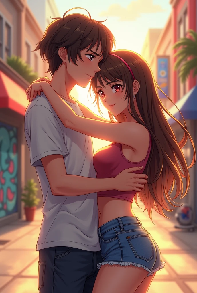 A tall boy with long brown hair standing, hugging a sexy, sensual girl in shorts and a crop top with long brown hair and long bangs, adult anime standing.