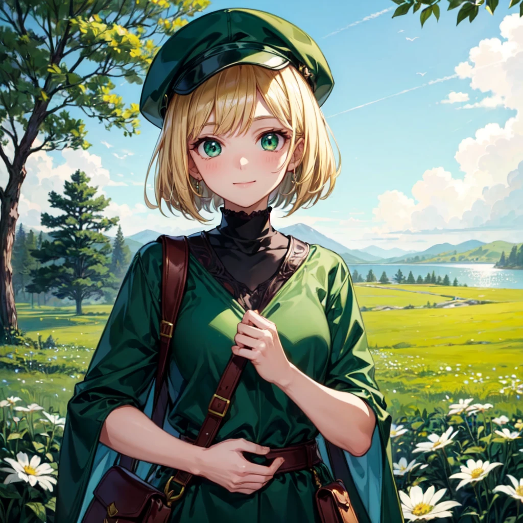 ((masterpiece)), ((Highest quality)), ((1girl)), ((solo focus)), upper body, from front, ((Golden blonde bob cut)), ((Bangs)), ((with deep green eyes, a cute woman.)), (Beautifully detailed eyes), ((Green hunting hat)), ((A loose green poncho)), (Beautifully detailed clothes), (carrying a brown backpack), (Wearing black spats), bright personality, ((light smile)), ((Super detailed)), Night Sky, lake, grassland, Flowers, Western, Otherworldly fantasy, (アニメ:1.1)