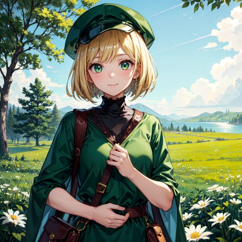 ((masterpiece)), ((Highest quality)), ((1girl)), ((solo focus)), upper body, from front, ((Golden blonde bob cut)), ((Bangs)), ((with deep green eyes, a cute woman.)), (Beautifully detailed eyes), ((Green hunting hat)), ((A loose green poncho)), (Beautifully detailed clothes), (carrying a brown backpack), (Wearing black spats), bright personality, ((light smile)), ((Super detailed)), Night Sky, lake, grassland, Flowers, Western, Otherworldly fantasy, (アニメ:1.1)