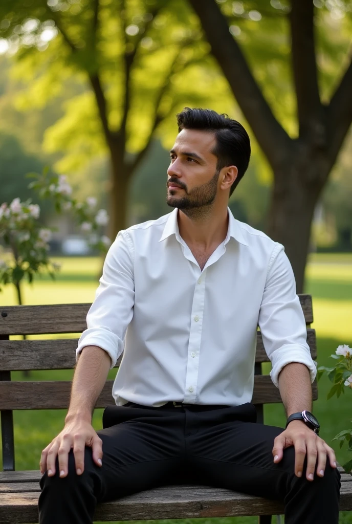 Man with a white shirt and black pants sitting looking to the left