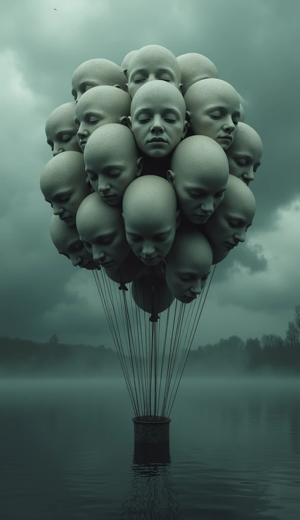 Best image quality, masterpiece, multiple human heads attached to a balloon-like shape, sleepy expression, detailed skin expression, detailed image texture, cruel, grotesque, horror, gloomy atmosphere, (not AI image), cloudy weather, lake background
