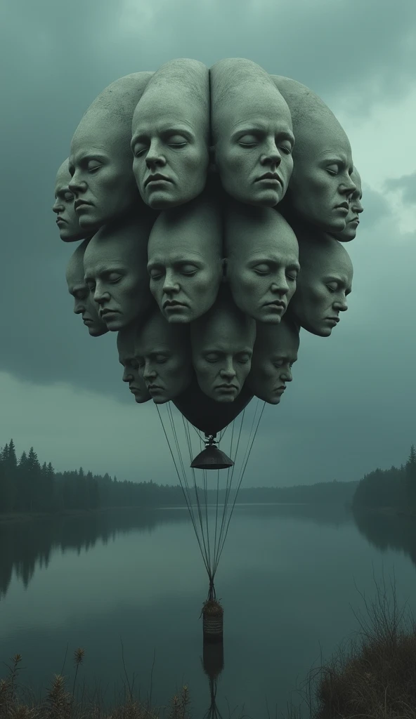 Best image quality, masterpiece, multiple human heads attached to a balloon-like shape, sleepy expression, detailed skin expression, detailed image texture, cruel, grotesque, horror, gloomy atmosphere, (not AI image), cloudy weather, lake background