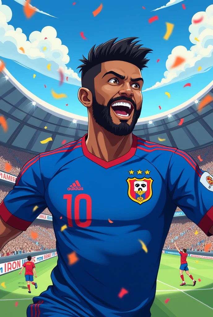 37 year old man, brown skin, trimmed black beard, short black hair, Brown eyes, blue soccer jersey, with a large red U and white border on the top left of the shirt, Adidas logo in white on the upper right side of the jersey, celebrating a goal, anime style, Love