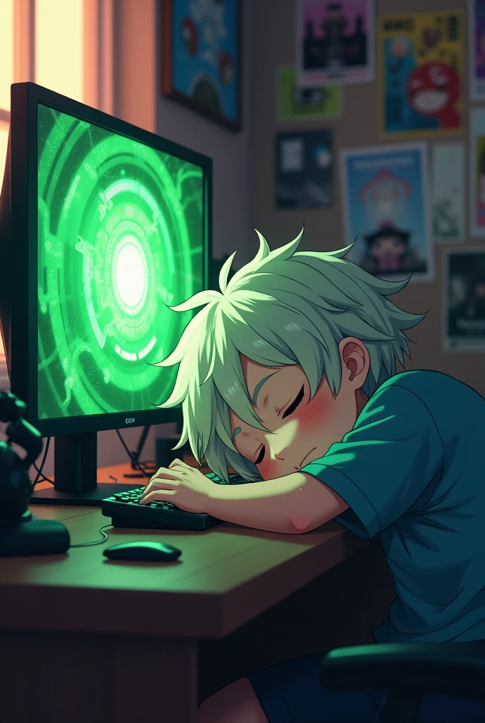 anime boy using pc sleeping on his keyboard  with a green ABSTRACT image on the screen monitor
