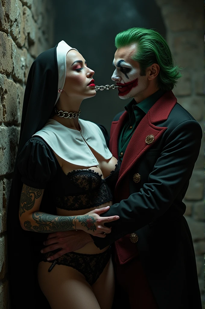Movie image of Harley Quinn dressed as a nun, very made up, with black and white lace lingerie hair, tattooed body. She's in a medieval castle dungeon with a chain taped to her mouth and the Joker, father dress, is grabbing her by the neck in a BDSM style.