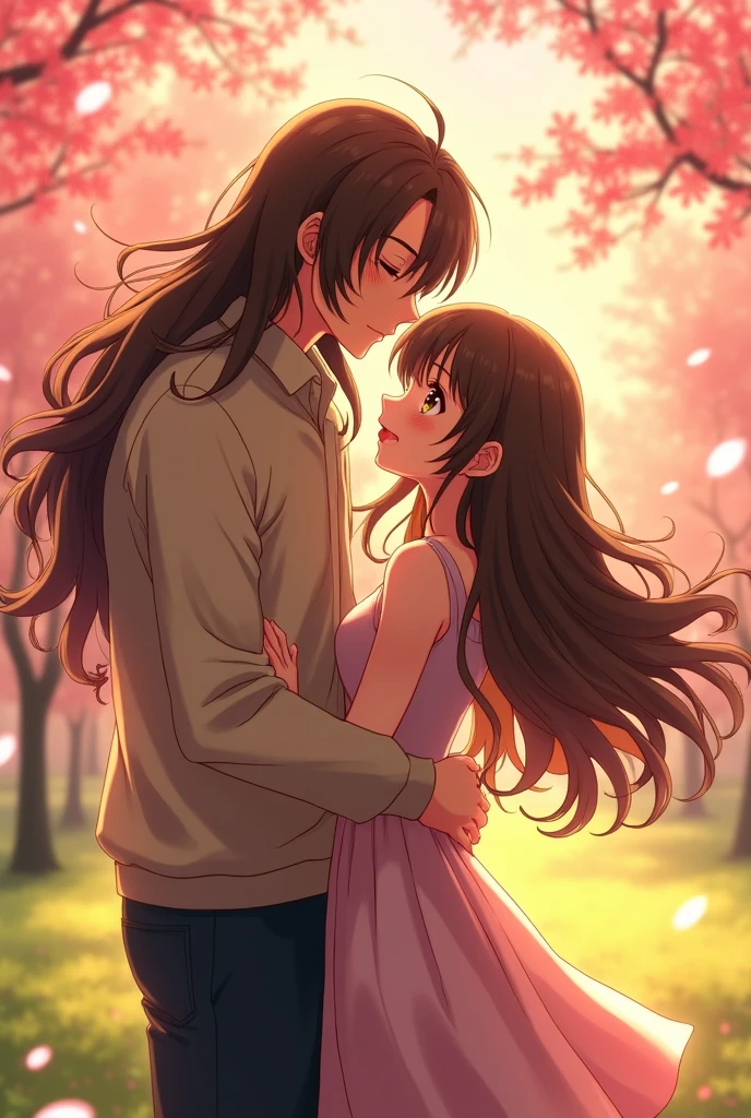 Make a man with long long brown hair hugging his cute girlfriend with long brown hair , make it in anime style man with long hair