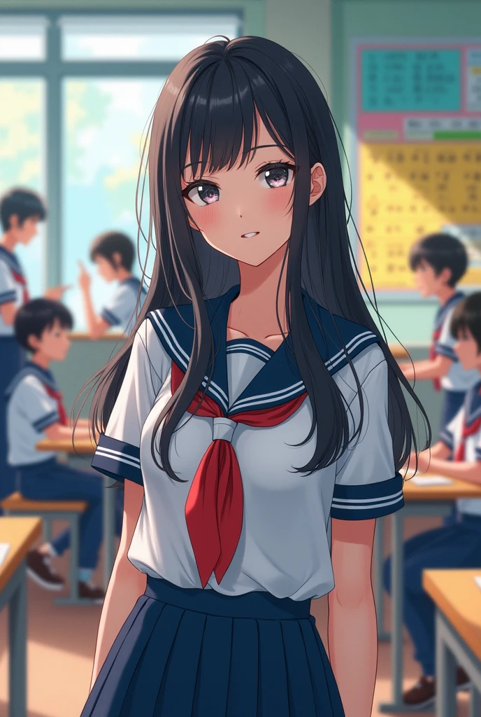 (masterpiece,Highest quality:1.4),(8k,RAW Photos,Photorealistic:1.4),Ultra-high resolution, ,(Glowing Skin:1.4),Detailed skin,Detailed face,Detailed eyes,(Beautiful and shining eyes:1.2),Symmetrical eyes,Detailed ears,One person,Natural Makeup,high school girls,(((Japanese Idols))),(Japanese Face),Detailed Background,Vivid background,Beautiful and shiny hair,,((Average teenage breasts)),,(Detailed Summer school uniforms for senior high school girls Japan),,((Sharp Face)),Natural light,,(Very detailed ,Trend design for 2024,online shopping,LUMINE® Market,),Trendy hairstyles,black_hair,long_hair,Upper Body,,(Detailed classroom of a girls' high school,,Location was great.),,Real-life schoolgirl、、Random Posing