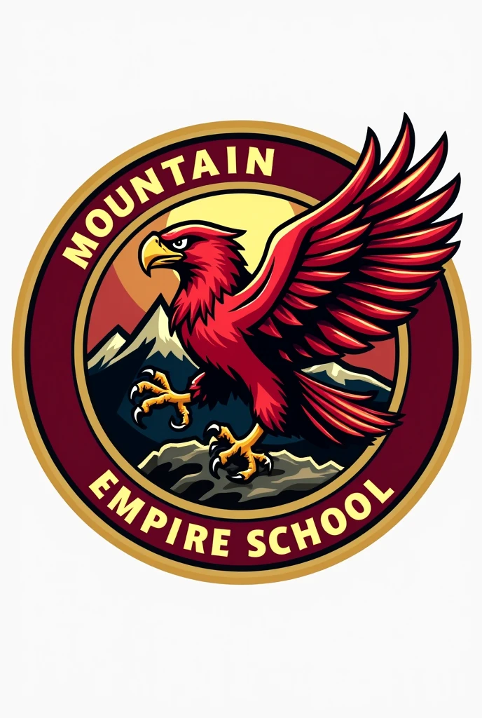 Create a circular logo for my school mountain empire, including our mascot the red hawks. And use our school colours red and gold