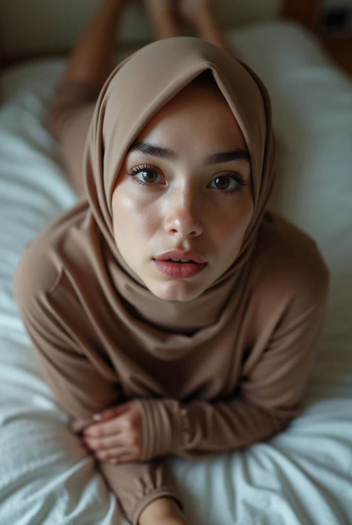 NSFW (masterpiece, top quality, best quality, extreme detailed, colorful, highest detailed, Dreamy Atmosphere, Bright color, real photo, real skin. Hyper realistic, 1girl, Malaysian young girl, wearing hijab , looking sharp to the viewer, making orgasm face, making horny face, detailed skin, city street background, slender body, lie down above view on a hotel's bed, ((open legs, M-legs position:1.5)), showing vagina, morning time, small breasts. She's naked, freely pose, soft front studio lighting, whole full body