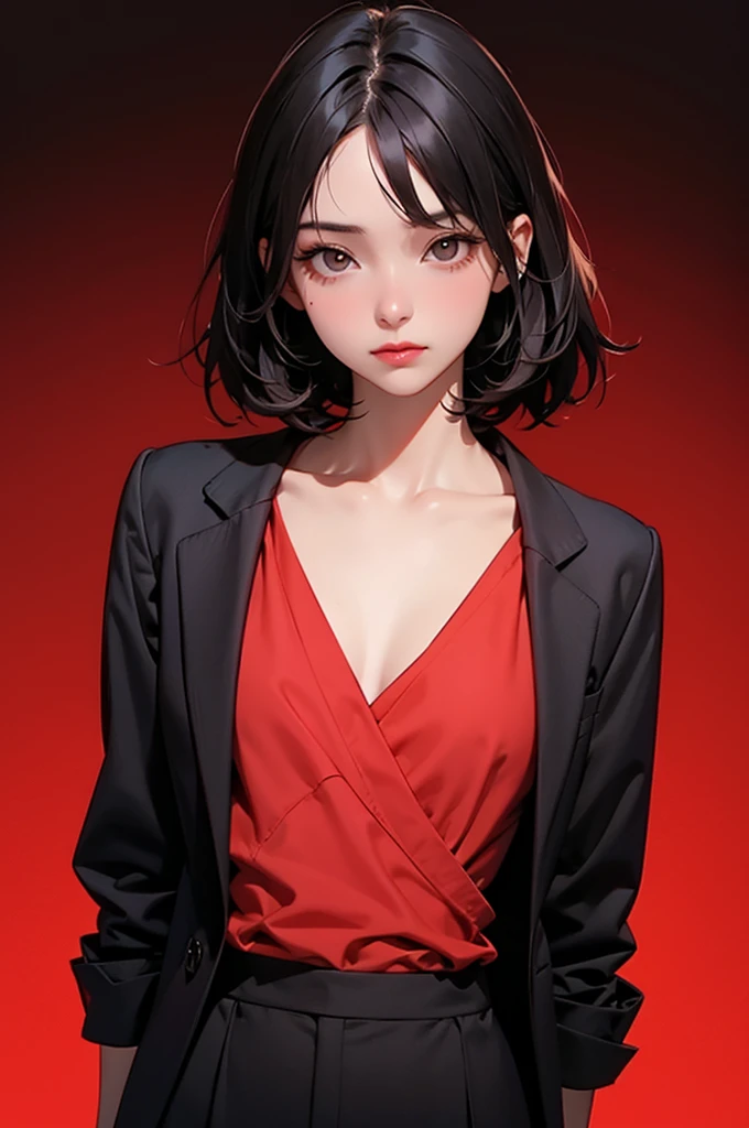 1girl, Solo, Short black Hair Between Eyes, , brown eyes, black suit jacket, red dress shirt, black suit pants, red background