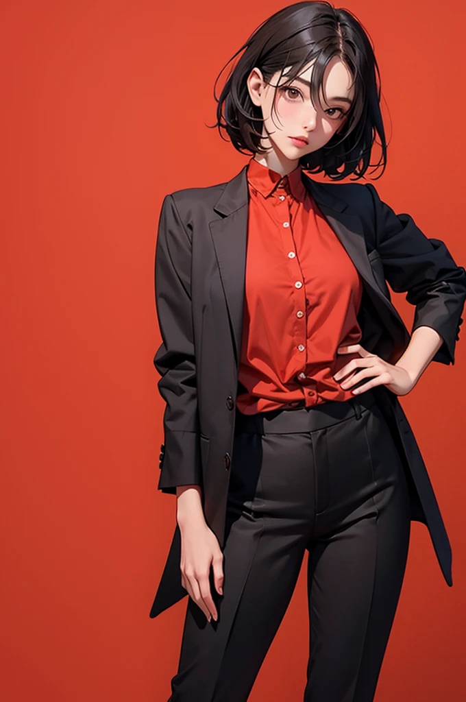 1girl, Solo, Short black Hair Between Eyes, , brown eyes, black suit jacket, red dress shirt, black suit pants, red background