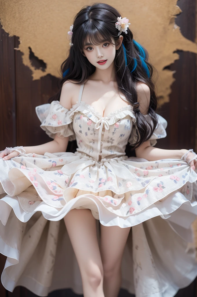 flower_dress, ((Full body display, full-body shot)), Sweet maiden, sweet smile, Multi-colored hair,Striped hair,Cross Bangs,Messy hair,Colored contact lenses,Flower-shaped pupil,make up,shy,Blush,Parted lips,Heavy breathing,moan,torogao,Surrealism,Realism,Movie Lighting,Relief,Sony FE GM,Retina,masterpiece,precise,Anatomically correct,Textured Skin,Super Detail,High Detail,best quality,Beautiful dance dynamics, Bright pastel colors, Visible cleavage, Pretty and beautiful, Sexy long legs, Ethereal,Mixing reality and fantasy elements, Complex patterns, rich and colorful