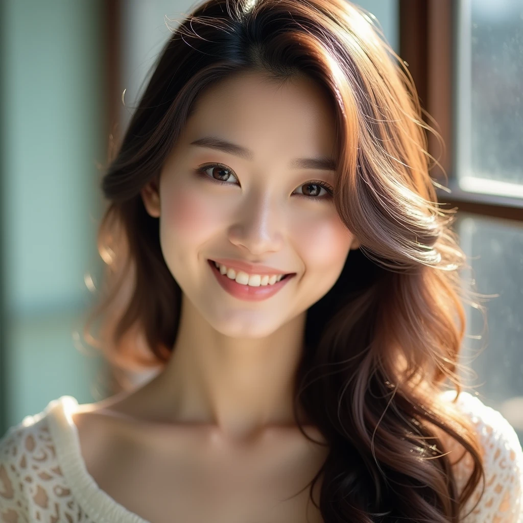 Face Portrait of a cute, beautiful, Japanese woman, having super elegance thick and long, natural color half up half down wavy hairstyle, cascading over her shoulder, natural light, radiating warmth and subtle charisma, capture in a high-resolution photo.