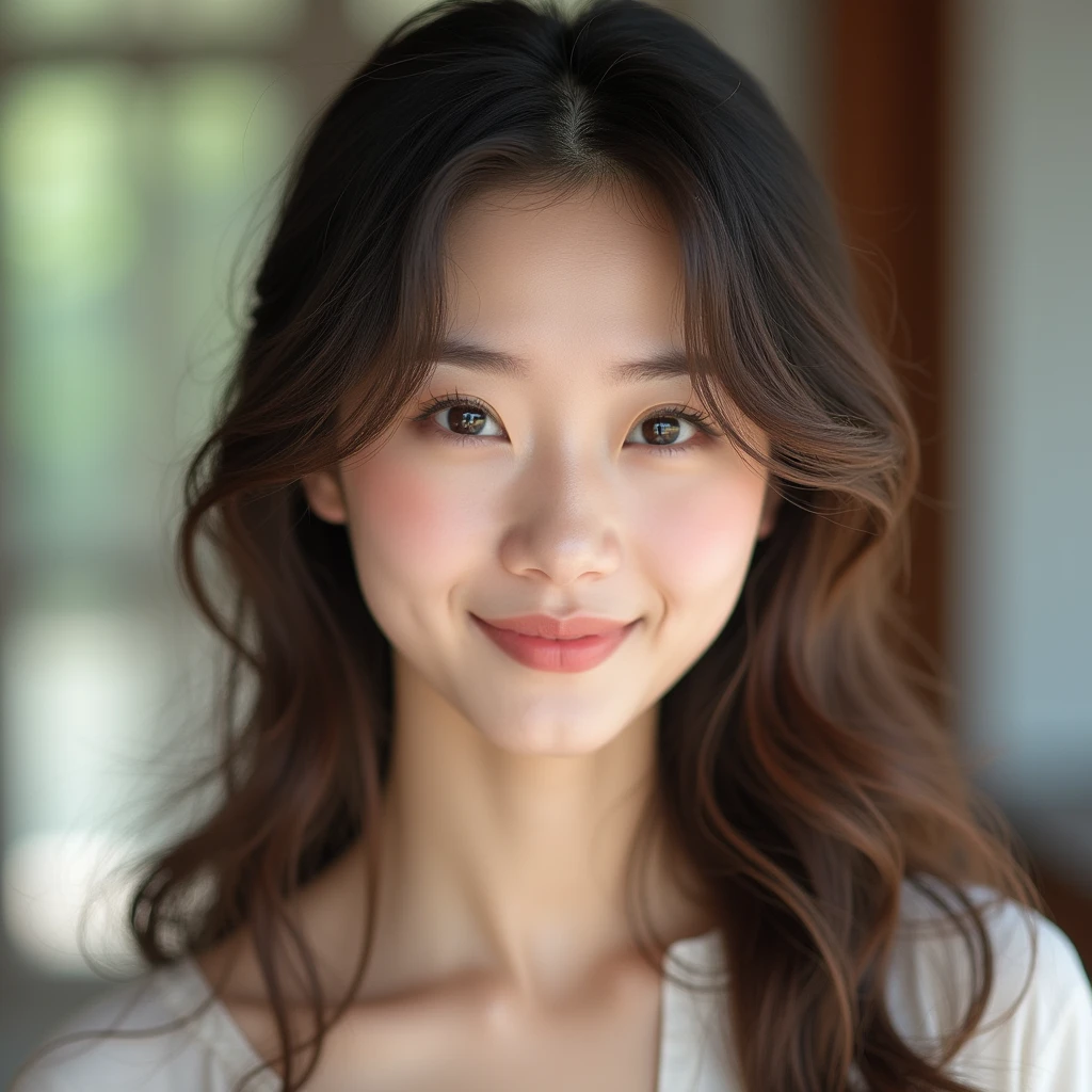 Face Portrait of a cute, beautiful, Japanese woman, having super elegance thick and long, natural color half up half down wavy hairstyle, cascading over her shoulder, natural light, radiating warmth and subtle charisma, capture in a high-resolution photo.