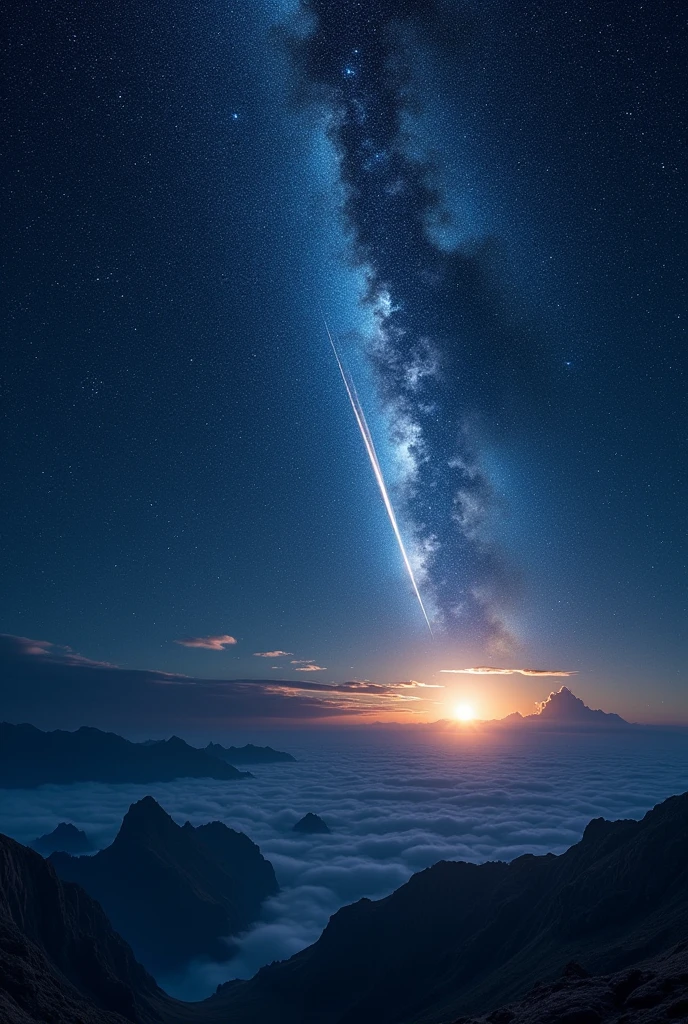 A night sky with stars twinkling, with three phenomena visible. A bright streak of light crosses the sky, symbolizing a meteor entering the atmosphere (estrela cadente). To the side, a distant star looks like it’s collapsing in on itself, representing a collapsing star. In another corner, a glowing comet with a tail is moving through space, approaching a distant sun.