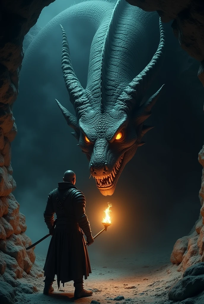 Face-Off in the Dark: The scene is almost entirely dark, with the dragon’s face emerging from the shadows, its eyes glowing intensely. The man stands directly in front, close enough to see the dragon’s scales and feel its breath, holding a torch that flickers in the darkness.


