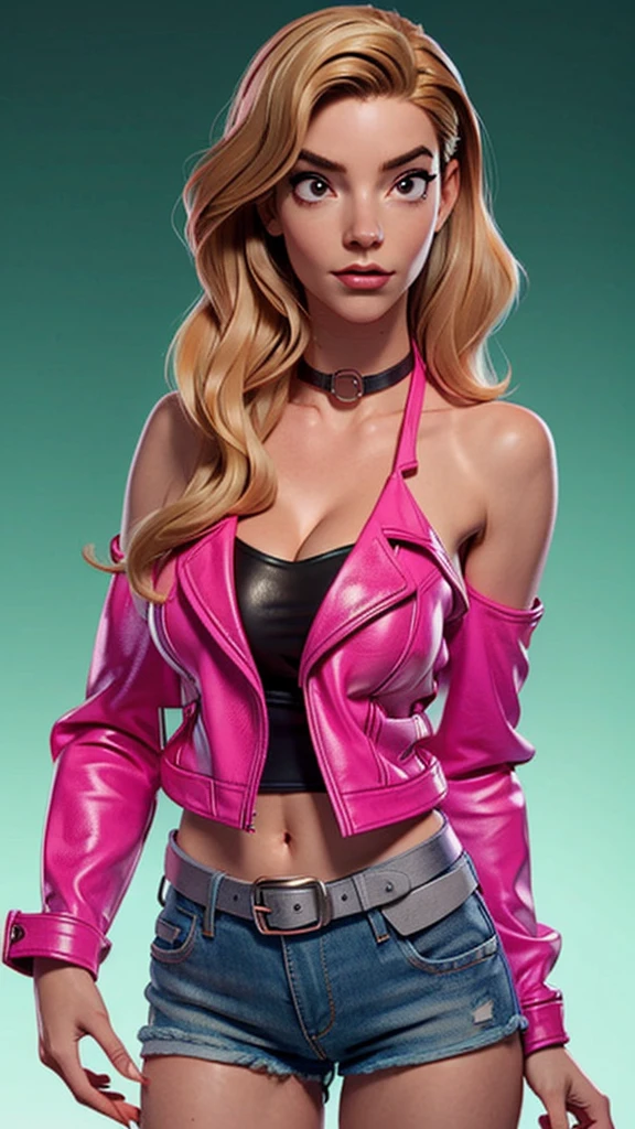 one girl, solo, abs, slender body, (upper body, bust:1.2), (black eyes:1.3), blonde hair, (bare shoulders:1.4), masterpiece, highly detailed, look at viewer, front view, (big breasts, huge breasts, giant breasts, exposed breasts, deep cleavage:1.5), (leather jacket, denim shorts, choker:1.4), (studio lights, blured background, glowing edges of image, shiny blured background, gradient sprayed background, colorful background:1.3), expressing joy, belt