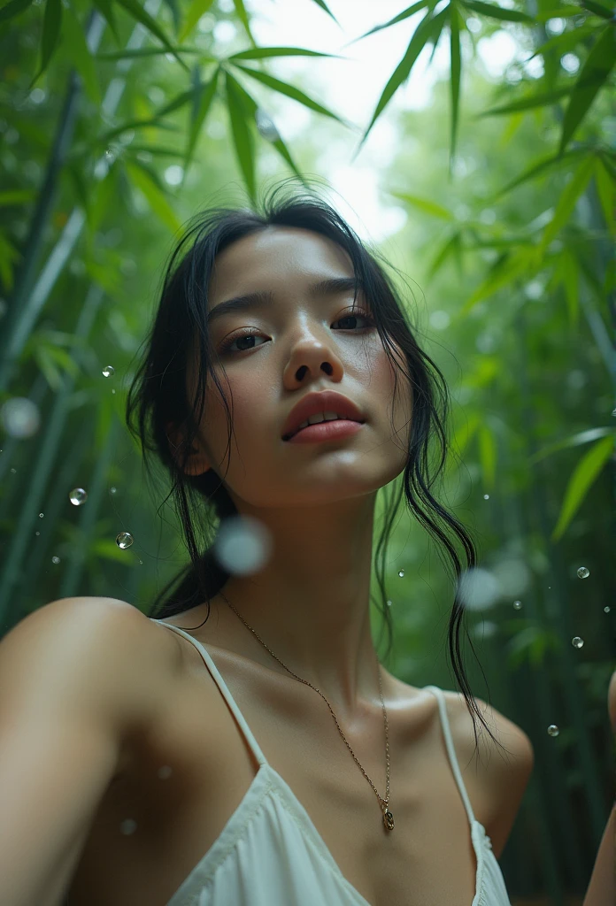 (Surrealism, Masterpiece), Vivid, Dynamic Angle, Rainy Day, Vivid Transparent Raindrops, Lush Bamboo Forest Without Path, (Attractive Young Model, Pale White Skin, Beautiful Face with Fine Details, 17 Year Old Caucasian Girl), Sitting Pose, Selfie from Below, Close Up, Life Shot, Joy, Clouds in the Sky, Vivid Quality, Clear Quality, Heavenly Light in the Air,