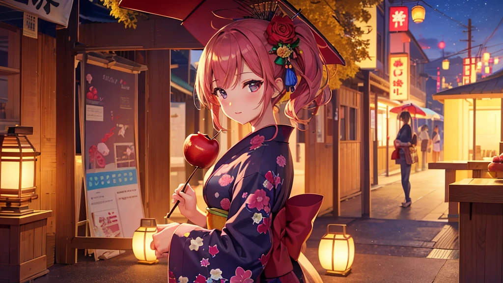 Candy apples、Summer festival、Illustration of a beautiful girl in a yukata., 8K Ultra HD, RAW Photos, Digital Painting, Super detailed, Golden Ratio