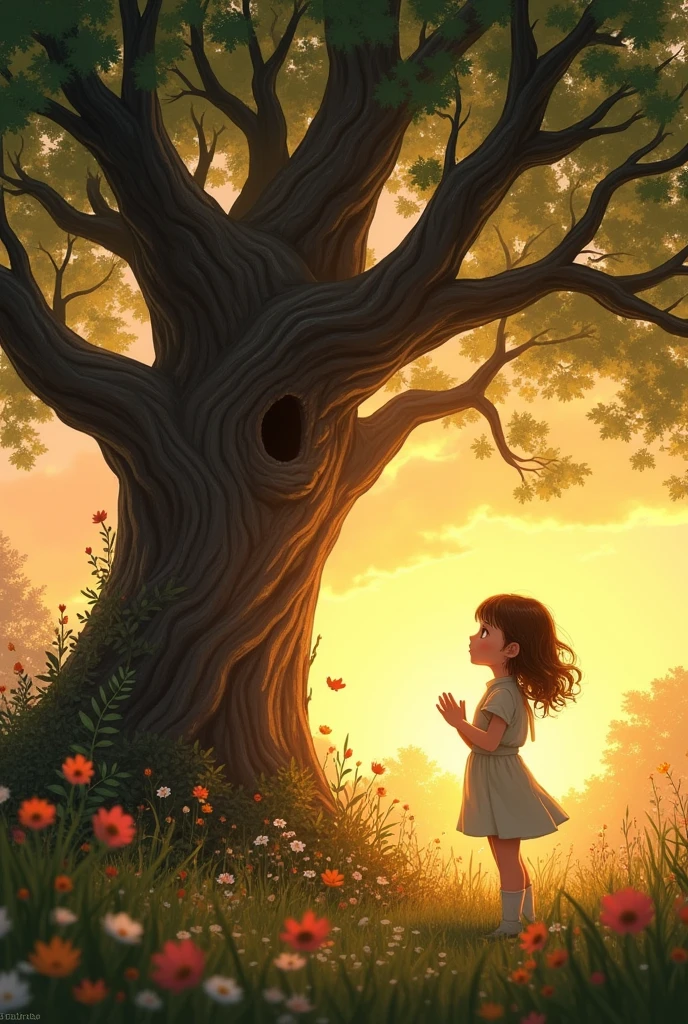 A kind hearted young girls in a village she stood before the oak tree and make a wish she is look at the tree and wish 