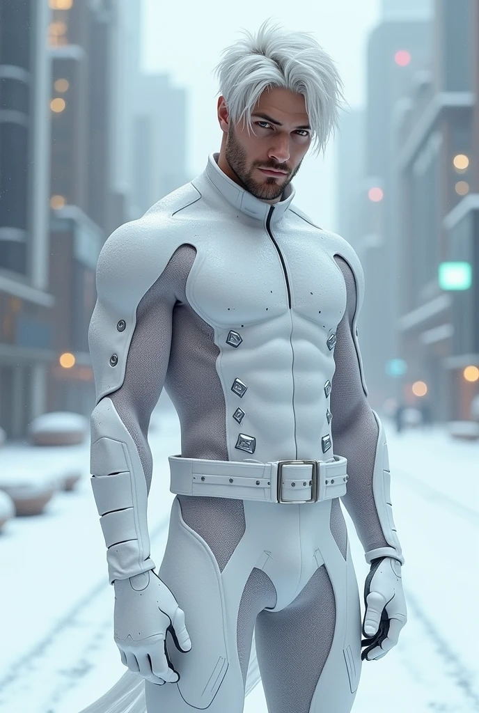  Full body photorealistic handsome hunky masculine Legion white messy haired fractal white skinned Jack Frost,,unreal engine, extremely attractive male wearing white scales transparent mesh see through latex spandex,, with belt and gloves,, extremely masculine physique, intricately detailed, super bulge, realistic skin, short tousled hair, futuristic snowy city as background