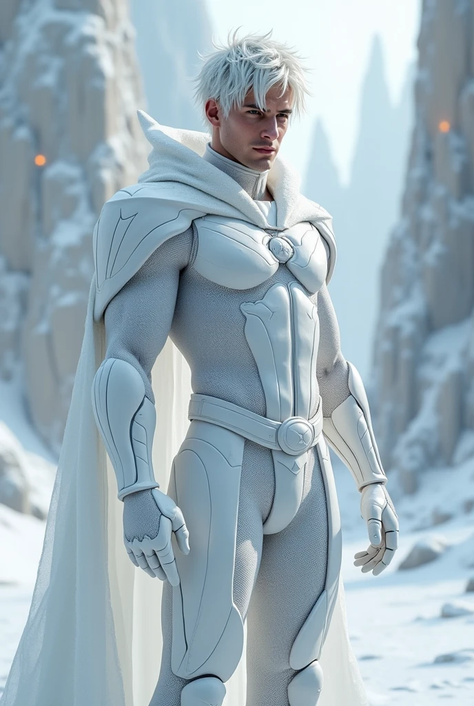 Full body photorealistic handsome hunky masculine Legion white messy haired fractal white skinned Jack Frost,,unreal engine, extremely attractive male wearing white scales transparent mesh see through latex spandex,, with belt and gloves,, extremely masculine physique, intricately detailed, super bulge, realistic skin, short tousled hair, futuristic snowy city as background