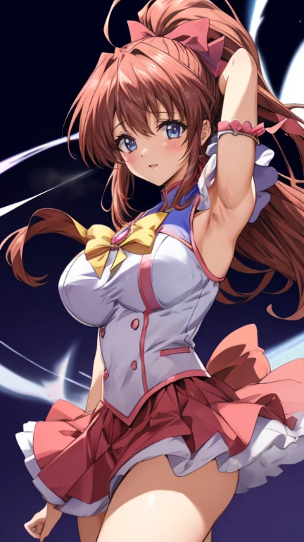 Anime illustration Aoikan, 1 person, Hair Ribbon, Magical Girl Cosplay,Big Breasts、 blush, Cute Smile Open your mouth, Are standing, Two Arms Shoulders bare Sweat all over the body vapor