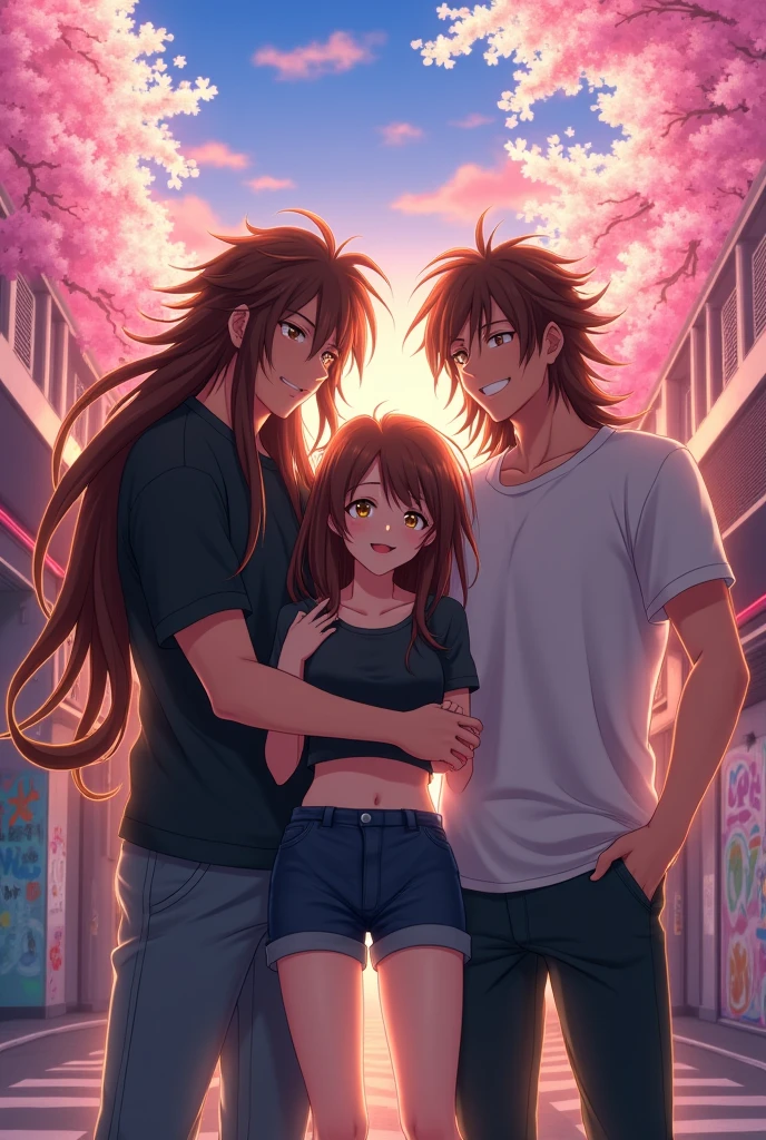 Men with big, long brown hair standing, hugging a sexy sensual girl in shorts and a cropped top with long brown hair and long bangs, standing, adult anime
