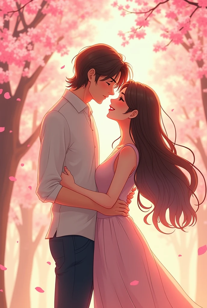 Make a man with long long brown hair hugging his cute girlfriend with long brown hair , make it in anime style man with long hair