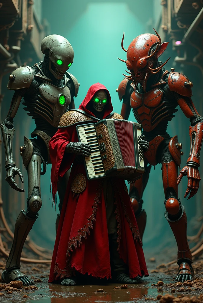 A tech-priest Belisarius Cawl in red robes playing a accordion, surrounded by a Necron and a Tyranid, dark industrial background. Adeptus Mechanicus is dressed in his iconic red robe adorned with copper gears. On either side of him sit contradictory beings: on one side, a menacing Necron, cold and metallic, his green eyes glowing in the dark like an ancient life-destroyer. On the other side, a Tyranid bio-monster, fierce and muscular, with organic plates and claws contrasting with the technological power of his companions. Despite their differences, the three have gathered in this absurd yet oddly harmonious moment.