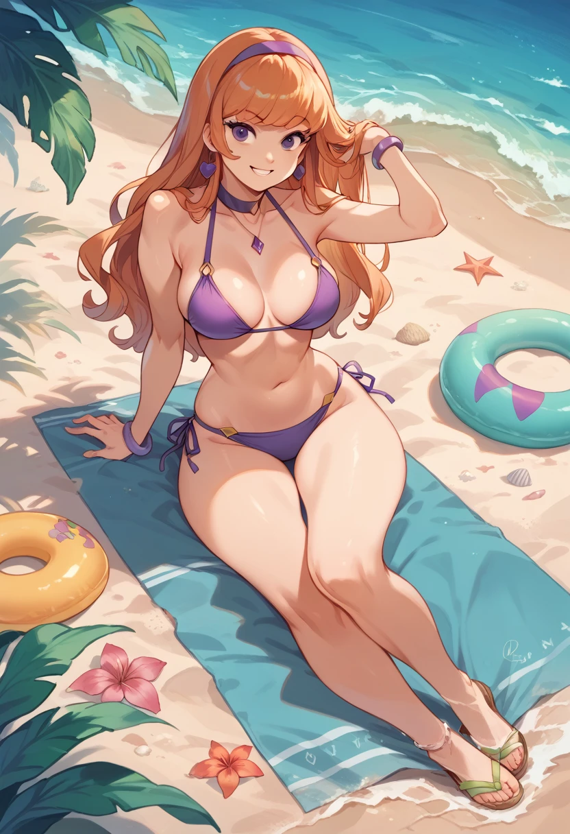 Daphne Blake in a bikini, smiling, sexy, full body on a deserted beach.