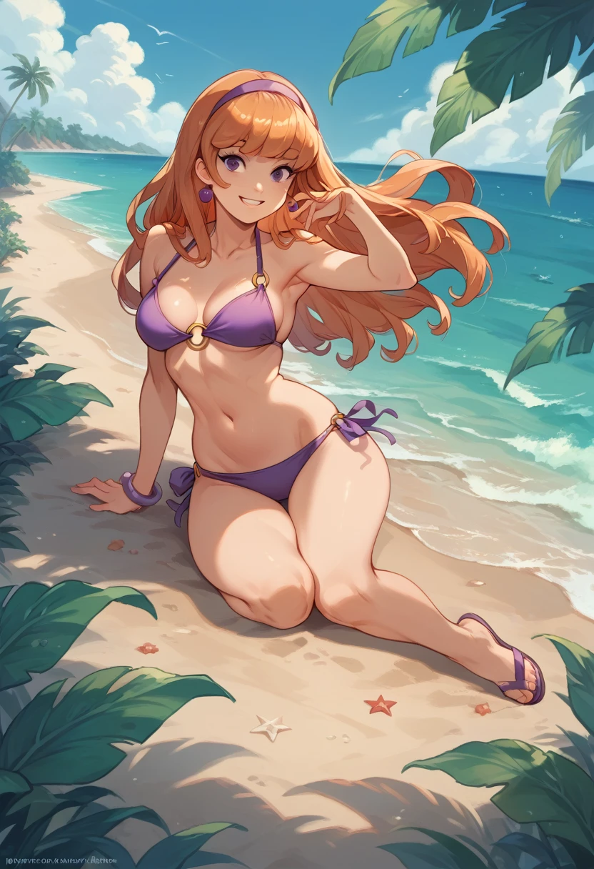 Daphne Blake in a bikini, smiling, sexy, full body on a deserted beach.